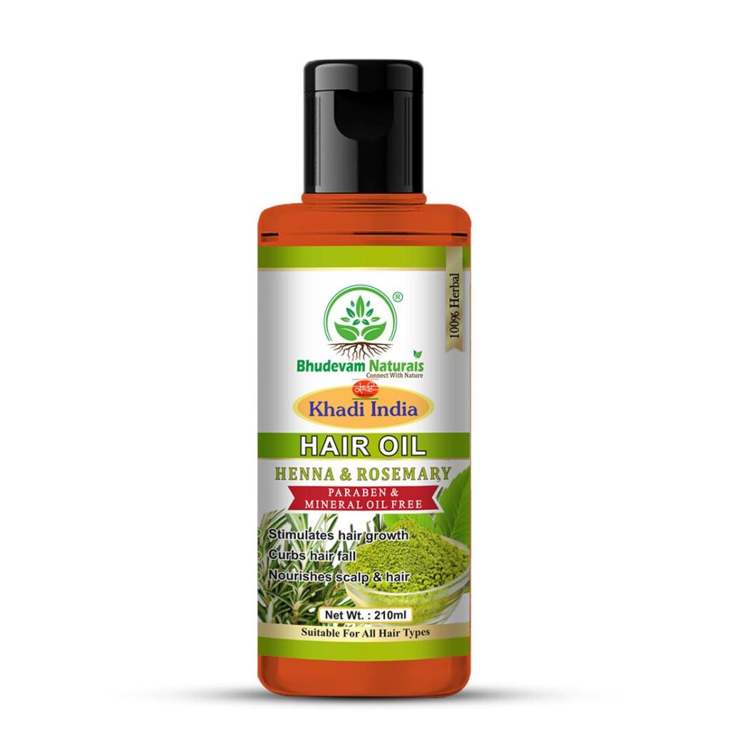 Khadi 100% Pure and Natural Henna and Rosemary Hair Oil For Healthy Hair By Bhudevam Naturals | Natural Oil for Thick, Voluminous Hair and Helps to Control Hair Fall | Paraben, Mineral Oil Free | Suitable for All Hair Types- 210ML