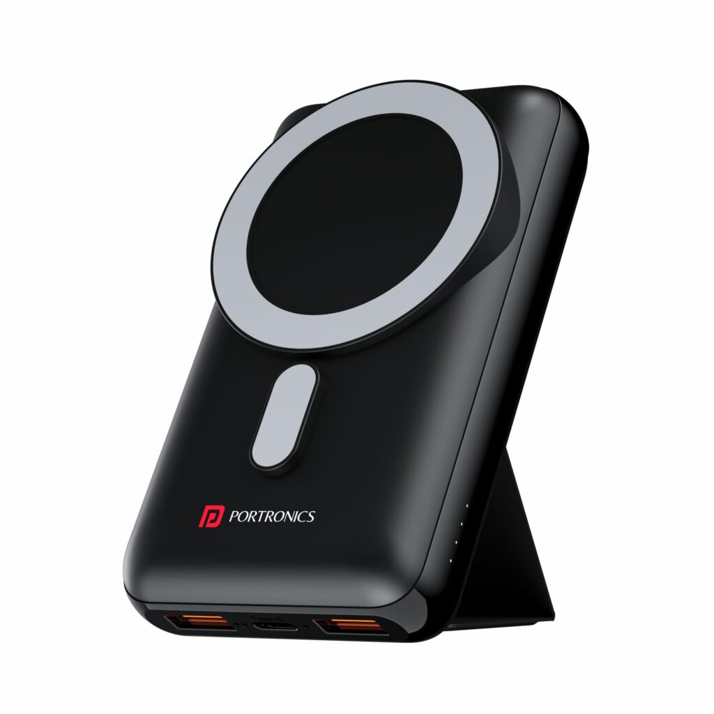 Portronics Wirecell 10 10000mAh 15W Magnetic Wireless Power Bank with 22.5 Wired Output Compatible with iPhone 12 & Above, Samsung Galaxy Z Fold 2, S20 FE, S6 Edge & Other QI enables Devices(Black)