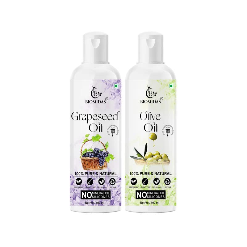 Biomidas 100% Pure Grapeseed 100ML & Olive 100ML Combo For Rapid Hair Growth, Anti Hair Fall, Split Ends & Promotes Softer & Shinier Hair Oil(Pack of 2)