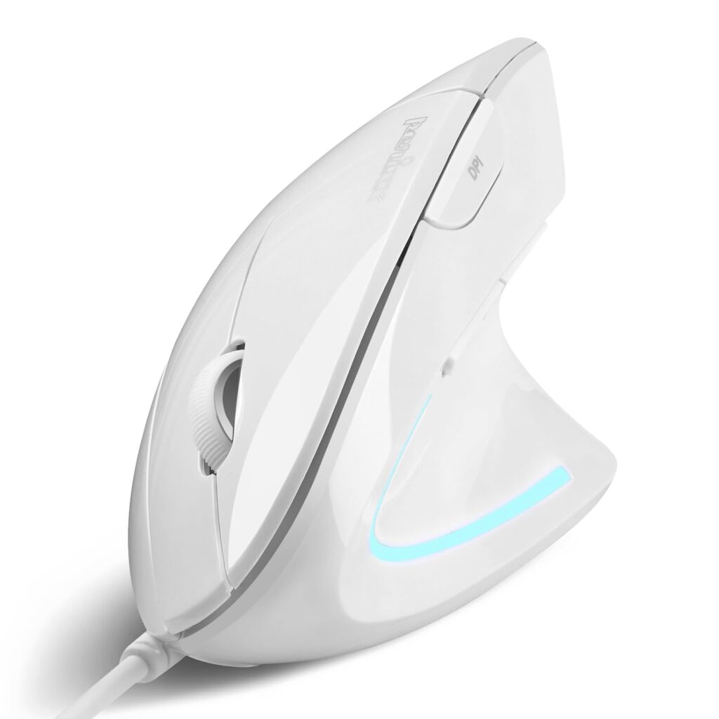 Perixx PERIMICE-513W Wired Vertical Ergonomic Mouse – Natural Handshake Design, 6-Button USB-A, Adjustable 1000/1600 DPI Optical Sensor, 1.8 m Cable, Right-Handed, White