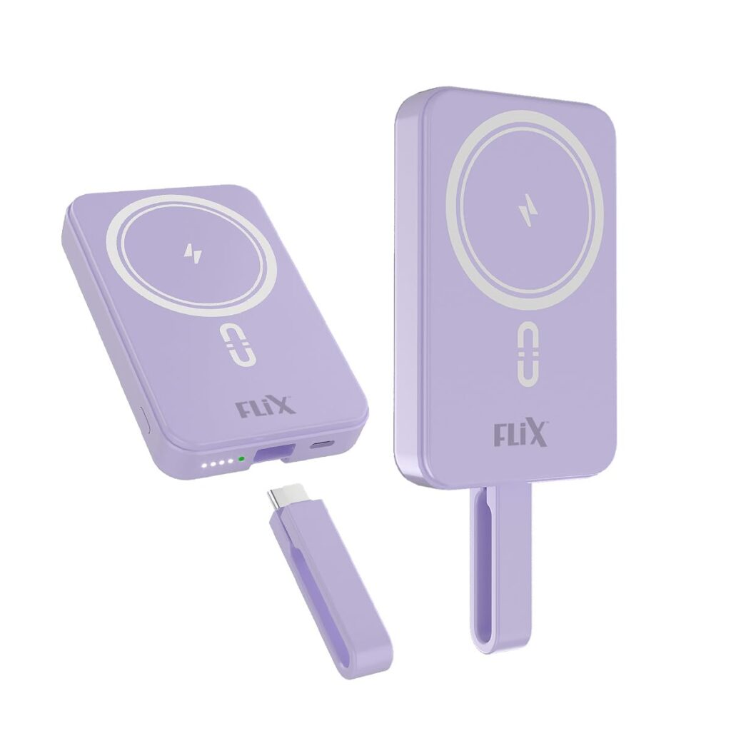 FLiX (Beetel) MagConnect Pro 10k 15W Magnetic Wireless Output,22.5W QC/PD/PPS Pocket Power Bank,Inbuilt Type C & Lightning Reversable cable Input/Output,LED Display,Perfect for iPhone 12,13,14(Purple)
