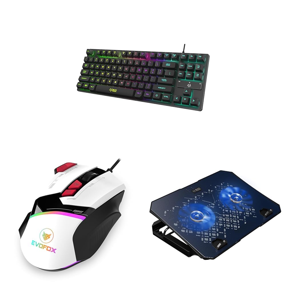 EvoFox Fireblade Wired TKL Gaming Keyboard with Breathing Effect (Black) Blaze Programmable Gaming Mouse with 1000Hz Polling Rate Frost Laptop Cooling Pad(Blue)