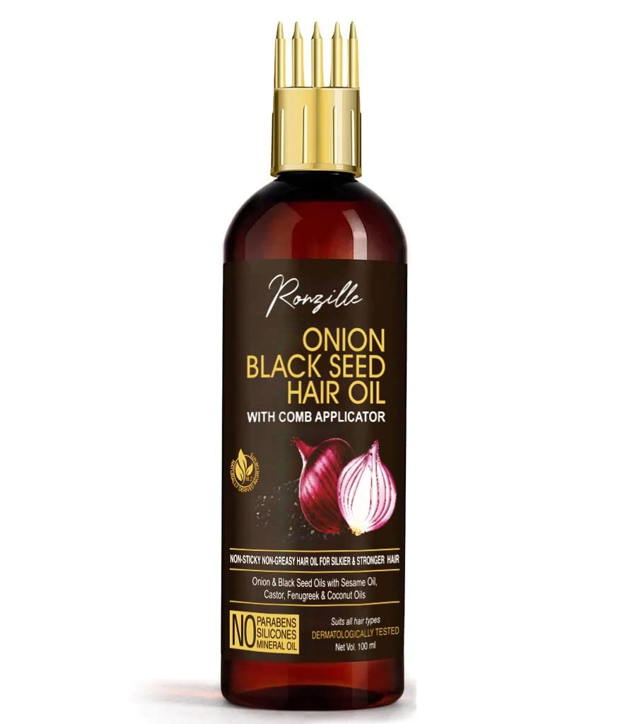 Ronzille Onion Black Seed Hair Oil - WITH COMB APPLICATOR - Controls Hair Fall - Non -Sticky - Non Greasy Hair Oil For Silkier & Stronger Hair