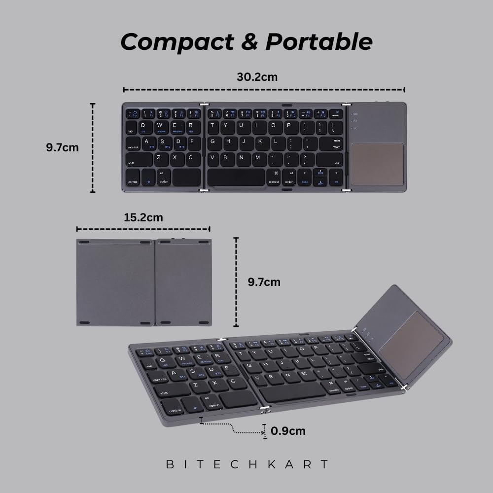 RODEX Foldable Bluetooth Keyboard, Pocket Size Portable Mini BT Wireless Keyboard with Touchpad for Android, Windows, PC, Tablet, with Rechargeable Li-ion Battery_20 x 10 x 3 cm - Grey