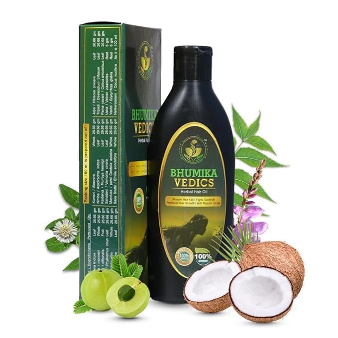 Bhumika Vedics Herbal Hair Oil For Men & Women | Promotes Hair Growth & Reduces Hair Fall | With Indigofera,Aloe vera,Neem, Amla, Bhringraj and Coconut Oil 200 ml