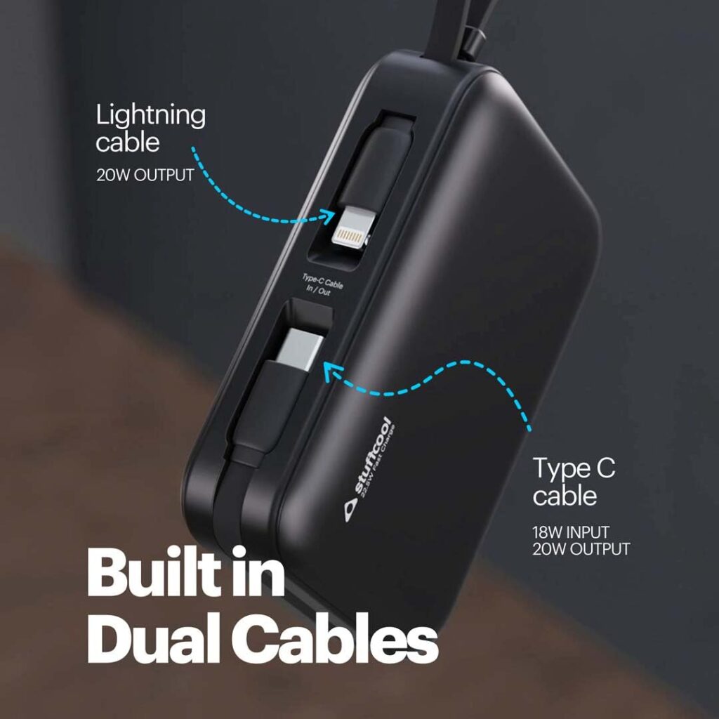 Stuffcool Maverick Mini 20,000mAh Powerbank with 20W Built-in Lightning & Type-C Cables, 22.5W USB-A Fast Charging for iPhone, Samsung, Pixel, OnePlus, Oppo & Realme