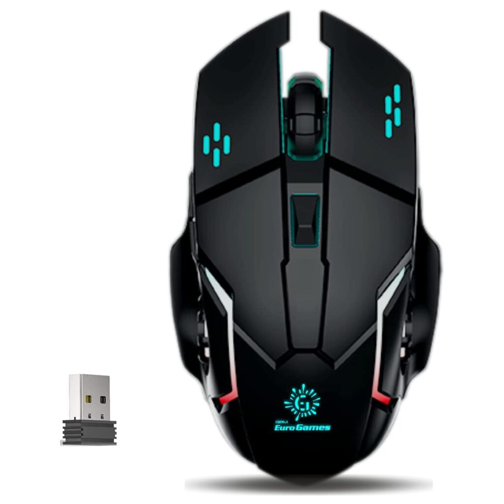 RPM Euro Games USB Wireless Gaming Mouse Rechargeable 500 Mah Battery Dpi Upto 3200 6 Color RGB Lights Rubber Coated Mice, Black - Pc