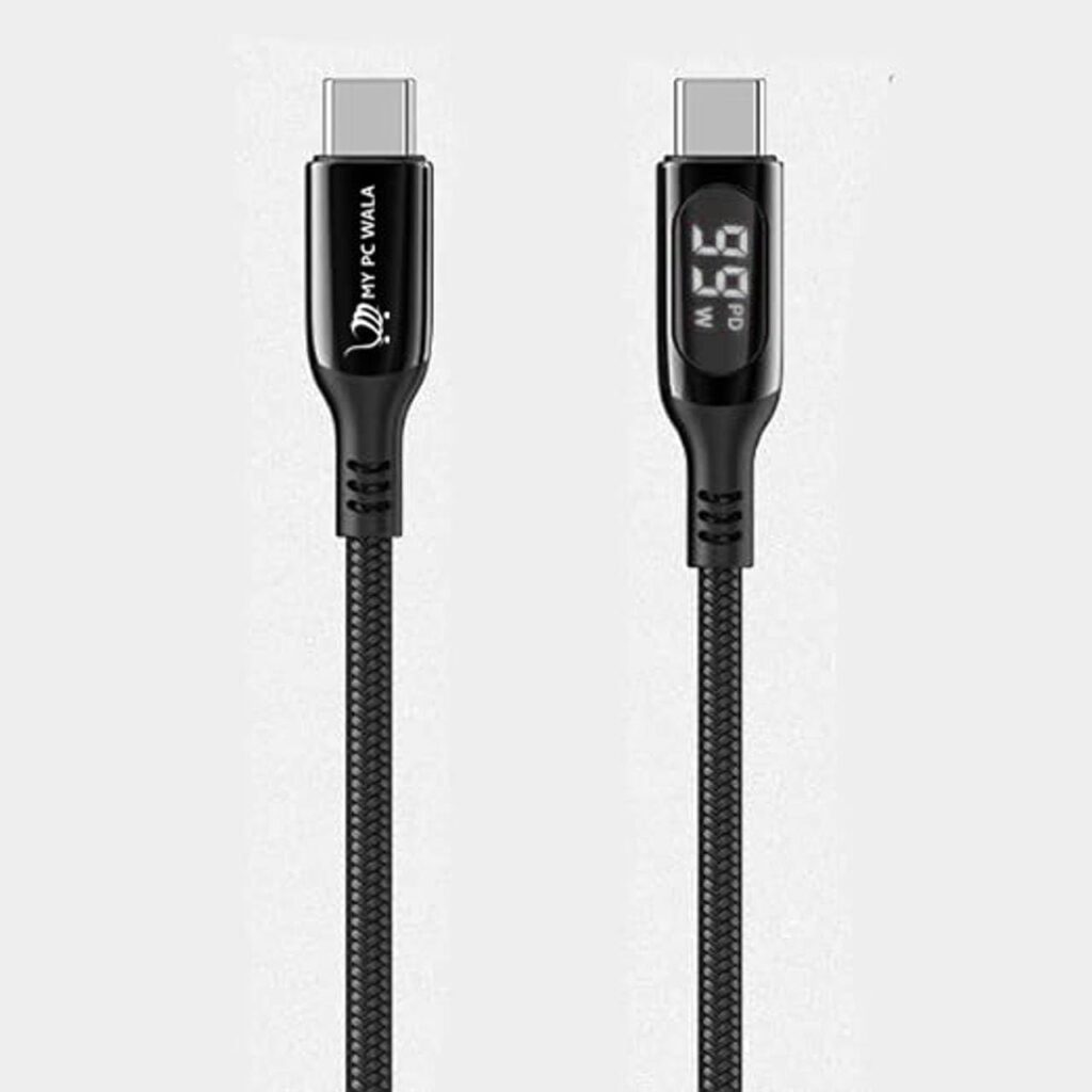 My PC Wala USB Type-C Cable with LED Power Display, Fast Charging 100W Braided Nylon USB C Cable with Digital Power Meter, PD Compatible for Laptops, Phones & Tablets – Black