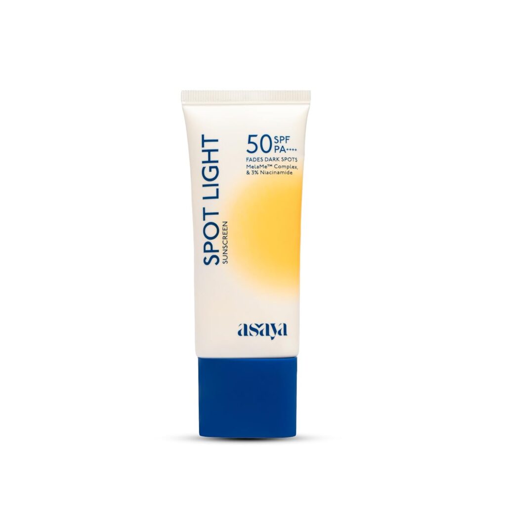 Asaya Spot Light Sunscreen SPF 50 PA++++ | UVA/B Blue Light Protect | Depigmentation Cream for Dark Spots & Acne Marks | MelaMe ComplexTM, Niacinamide & Licorice | Oil-free | Quick Drying & Lightweight | No White Cast & Invisible Finish | Water & Sweat Resistant | Fragrance-Free | For Even Tone | For Men & Women | Oily, Dry, Sensitive & Combination Skin | 50 ml
