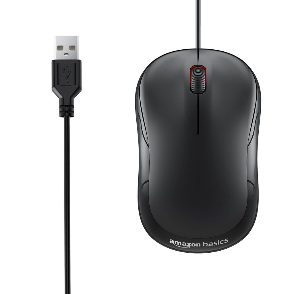 amazon basics Wired USB Mouse, 3-Button, 1000 DPI Optical Sensor, Plug & Play, for Windows/Mac