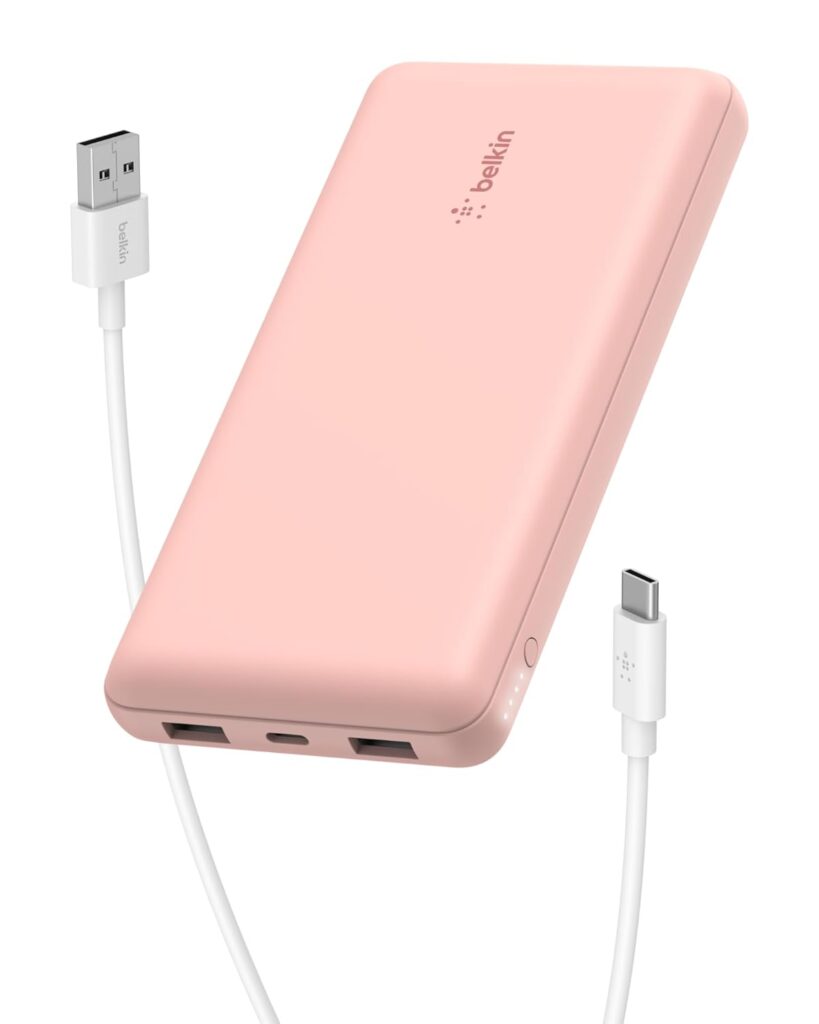 Belkin 10000 mAh Slim Power Bank with 1 USB-C and 2 USB-A Ports to Charge 3 Devices Simultaneously with up to 15W for iPhones, Android Phones, Smart Watches, Apple AirPods - Rose Gold