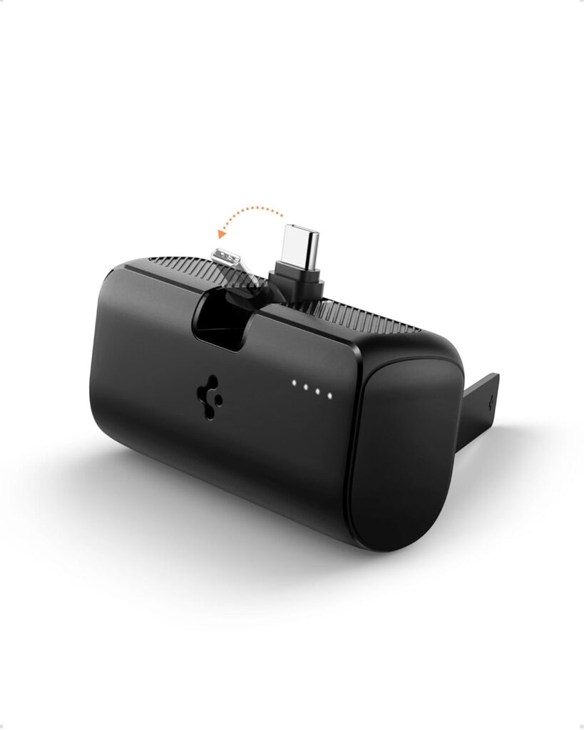 Spigen ArcPack 5000mAh Power Bank with Built-in Foldable Type-C Connector and Stand, 22.5W Fast Charging, 1 USB-C Connector, 1 USB-C Port - (ABS + PC | Black)