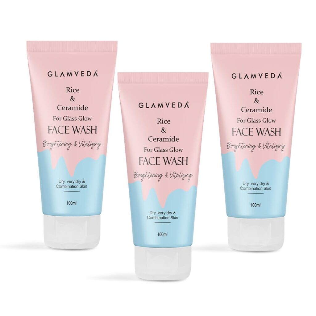 GLAMVEDA Rice & Ceramide Face Wash | For Dry, Sensitive & Combination Skin Types | Improves Skin Barrier | No Paraben, SLS | for Men & Women | 100ml Pack of 3