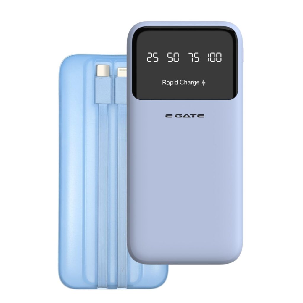 E GATE 105P Powerbank 10000mAh Fast Charging | Built-in Lightening & Type C Cable for iPhone, Android, TWS etc| Multi Device 22.5W Power Bank 5-in-1 Charger | USB X 2, Type C X 2 & Lightening (Blue)
