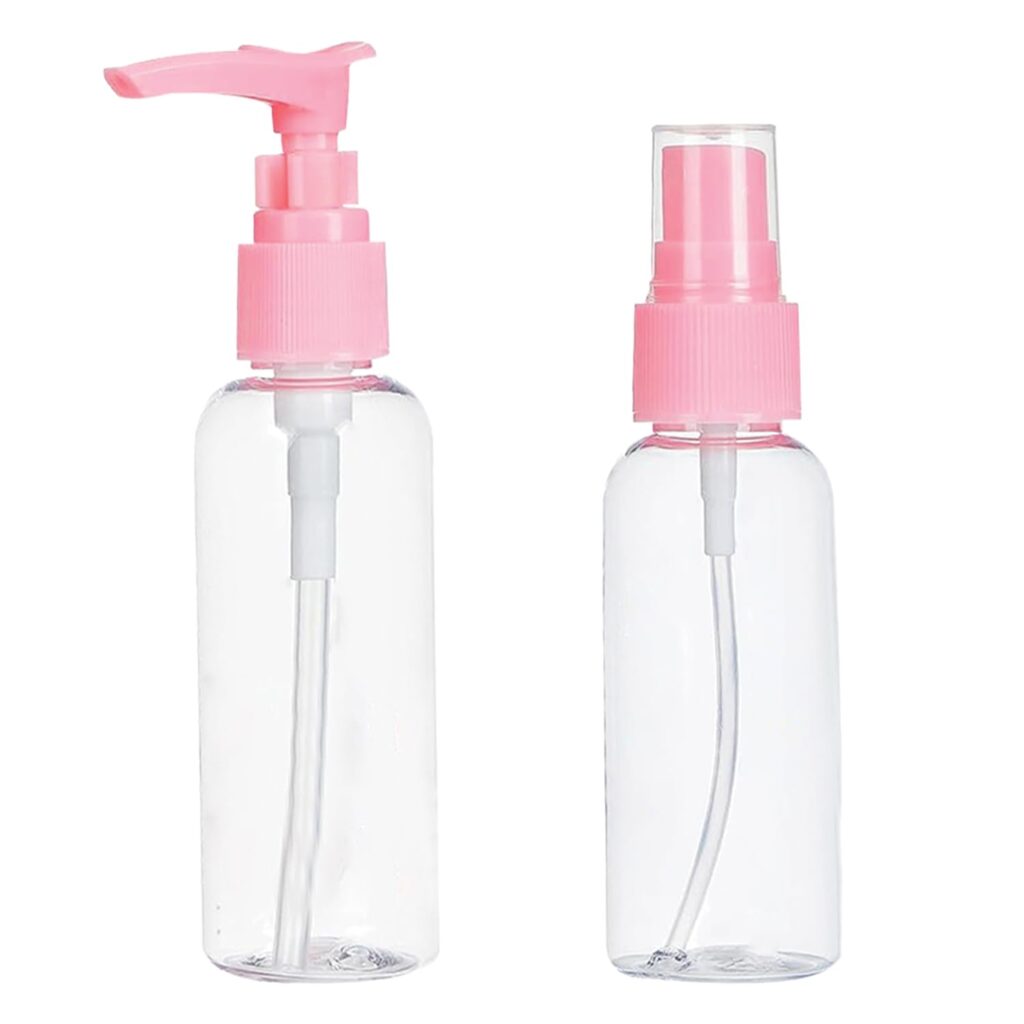 TEMPERIA (2pcs) Empty Small Spray & Pump Bottles for Face, Liquid, Shampoo, Toner, Hair Oil, Hand Sanitizer etc. for Travel - Mini Plastic Sprayer Container for Travelling
