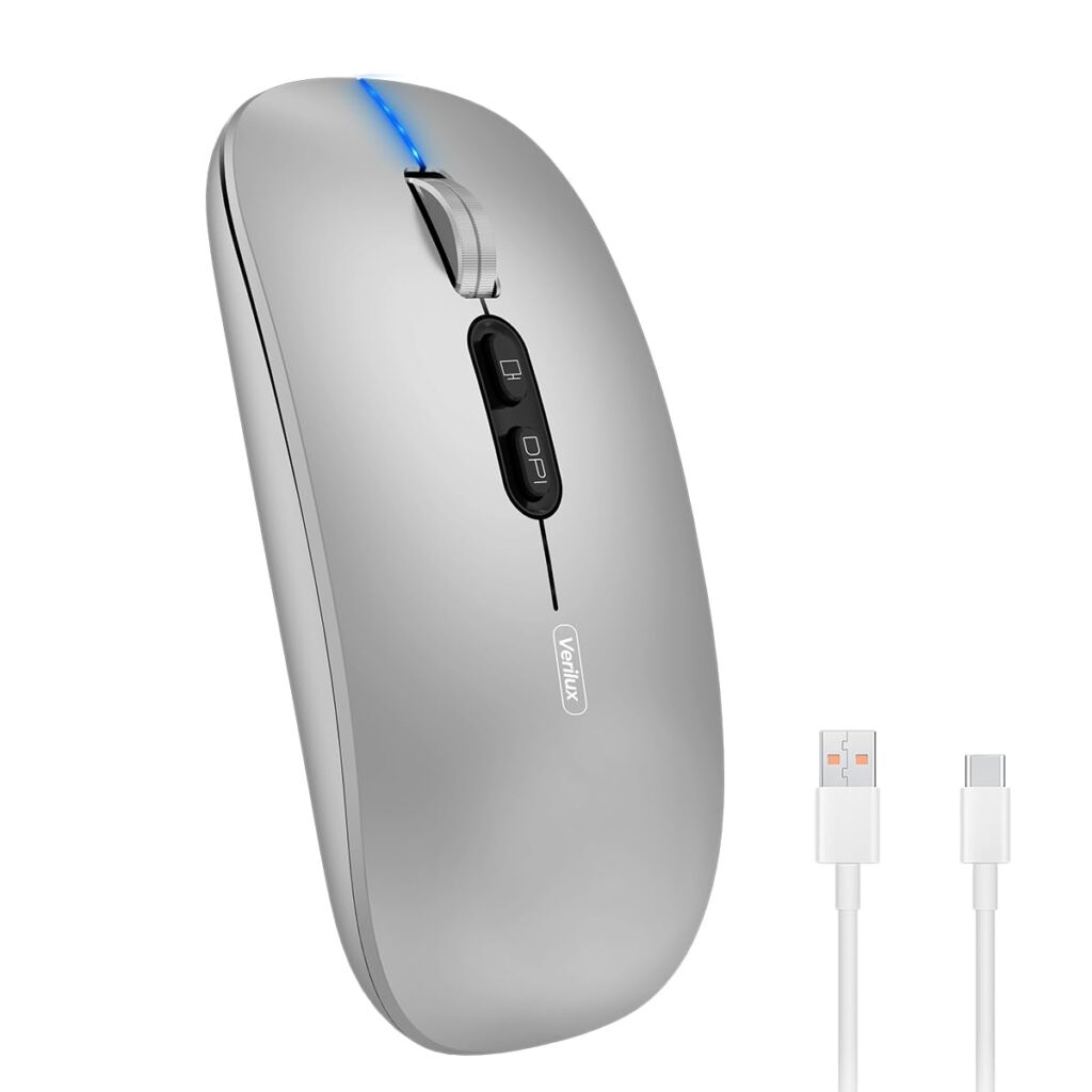 Verilux® Wireless Mouse Rechargeable, Dual Modes 2.4G & 5.1 Bluetooth Mouse for Laptop [Battery Level Visible], 1600DPI Ultra Ergonomic Silent for Laptop Wireless, Mac PC iPad Windows, White