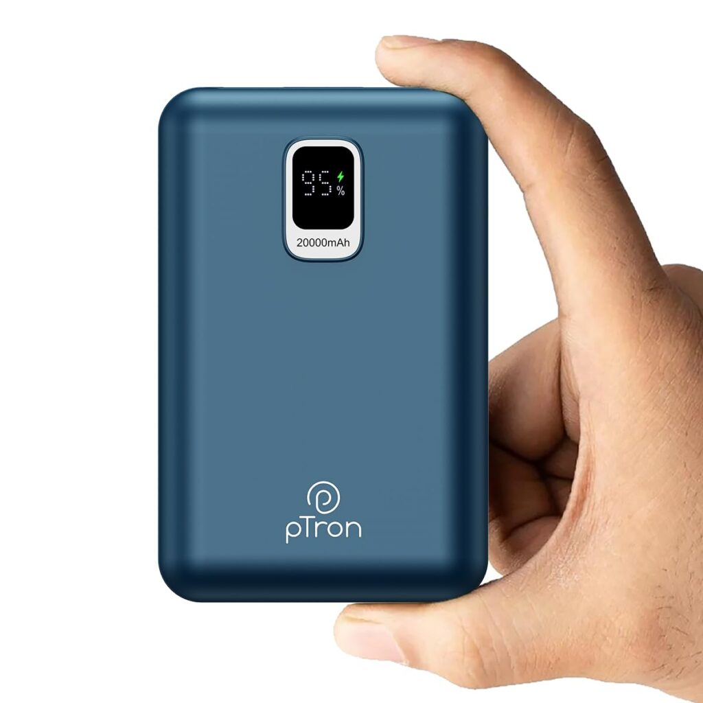 pTron Dynamo Ultra 20000mAh Power Bank, 22.5W Superfast Charging, Compact Size, Type-C/PD 20W Fast Charging, Supports VOOC/Wrap/Dash/Quick Charge Protocols, 3 Output Ports, USB Type-C Input (Blue)