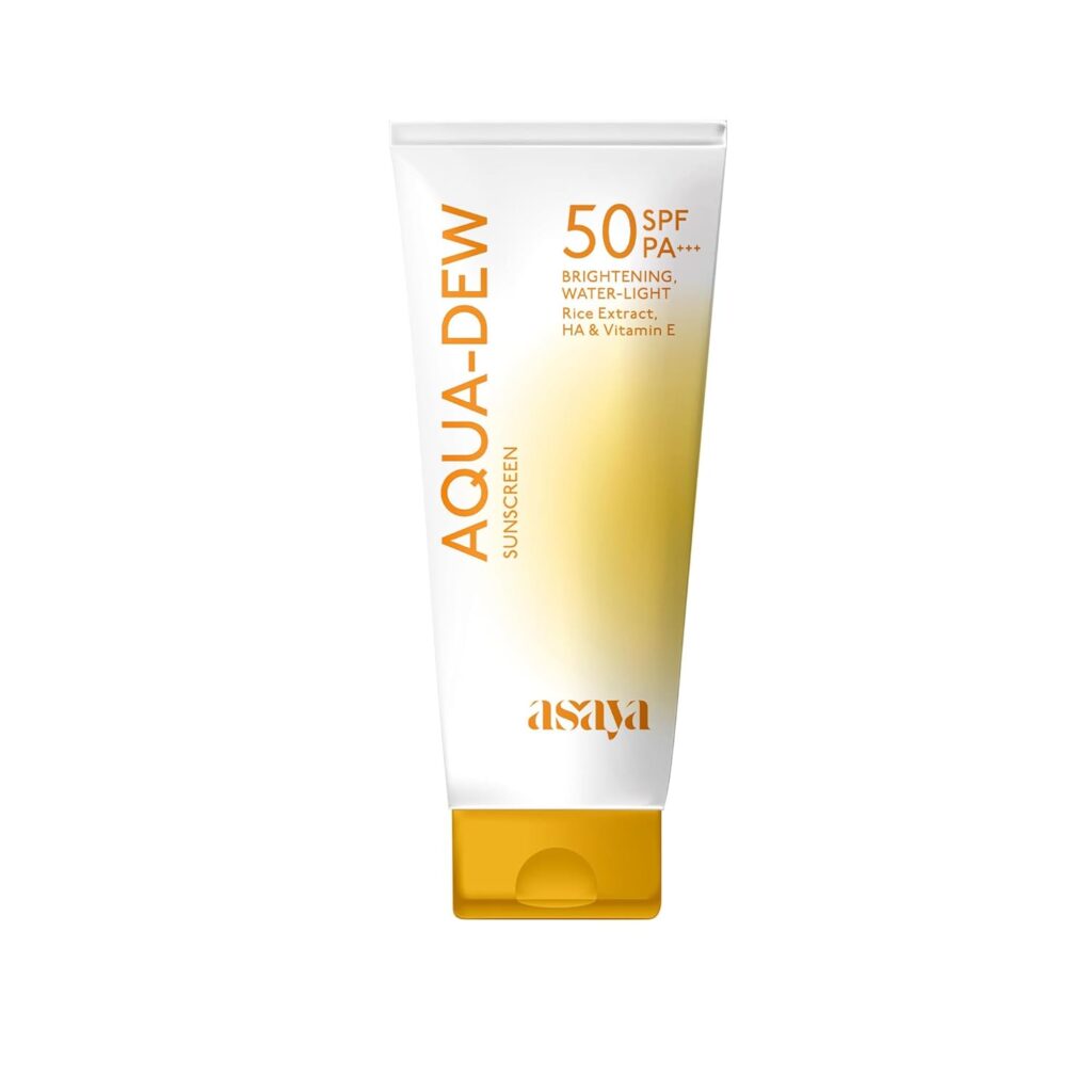 Asaya Aqua Dew Sunscreen SPF 50 PA+++ | UVA/B Light Protection | Blue Light Protect | Dewy | With Rice Extract | No White Cast | Prevents Tanning | Ultra Light Water Sunscreen | Water & Sweat Resistant | Fragrance-Free | For Even Toned & Glowing Skin | For Men & Women | Oily, Dry & Sensitive Skin | 50 ml