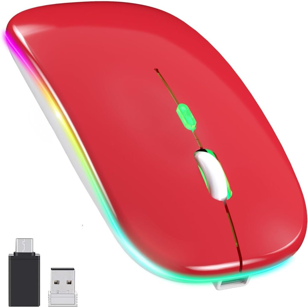 CLUSPEX LED Wireless Mouse, Slim Silent Mouse 2.4G Portable Mobile Optical Office Mouse with USB & Type-c Receiver, 3 Adjustable DPI Levels for Notebook, PC, Laptop, Computer (Red)