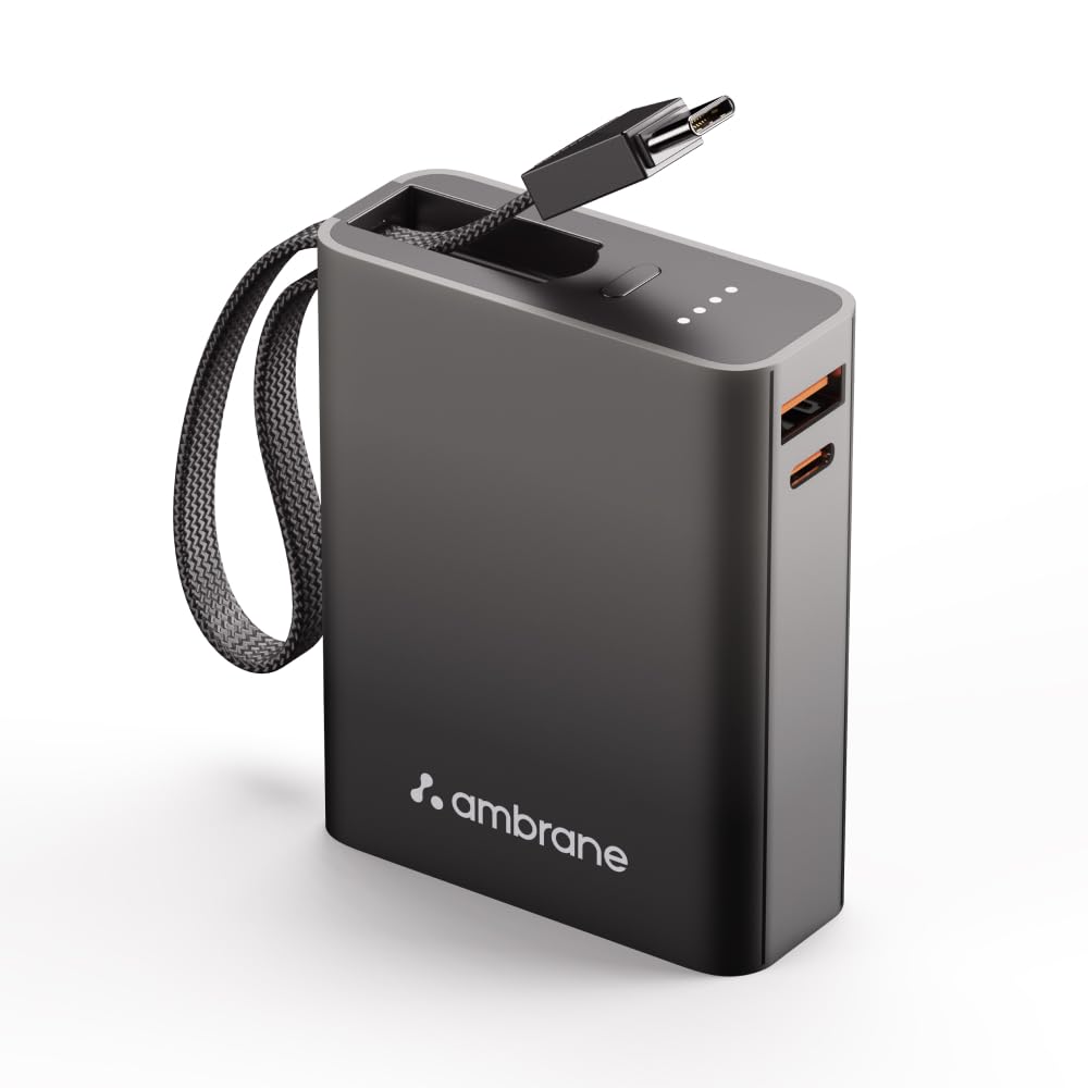 Ambrane 10000mAh Smallest Pocket Size Powerbank, Hanging InBuilt Type C Cable, 22.5W Fast Charging, Type C PD & USB Output for iPhone, Android Mobiles & Other Devices (MiniCharge 11, Black)