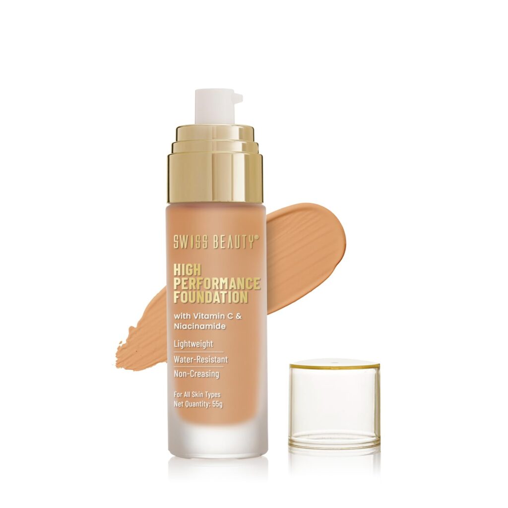Swiss Beauty High Performance Foundation | Water-Resistant | Medium To Buildable Coverage Liquid Dewy Finish | Lightweight | Easy To Blend | With Vitamin C & Niacinamide | 08 Sun Beige, 55G