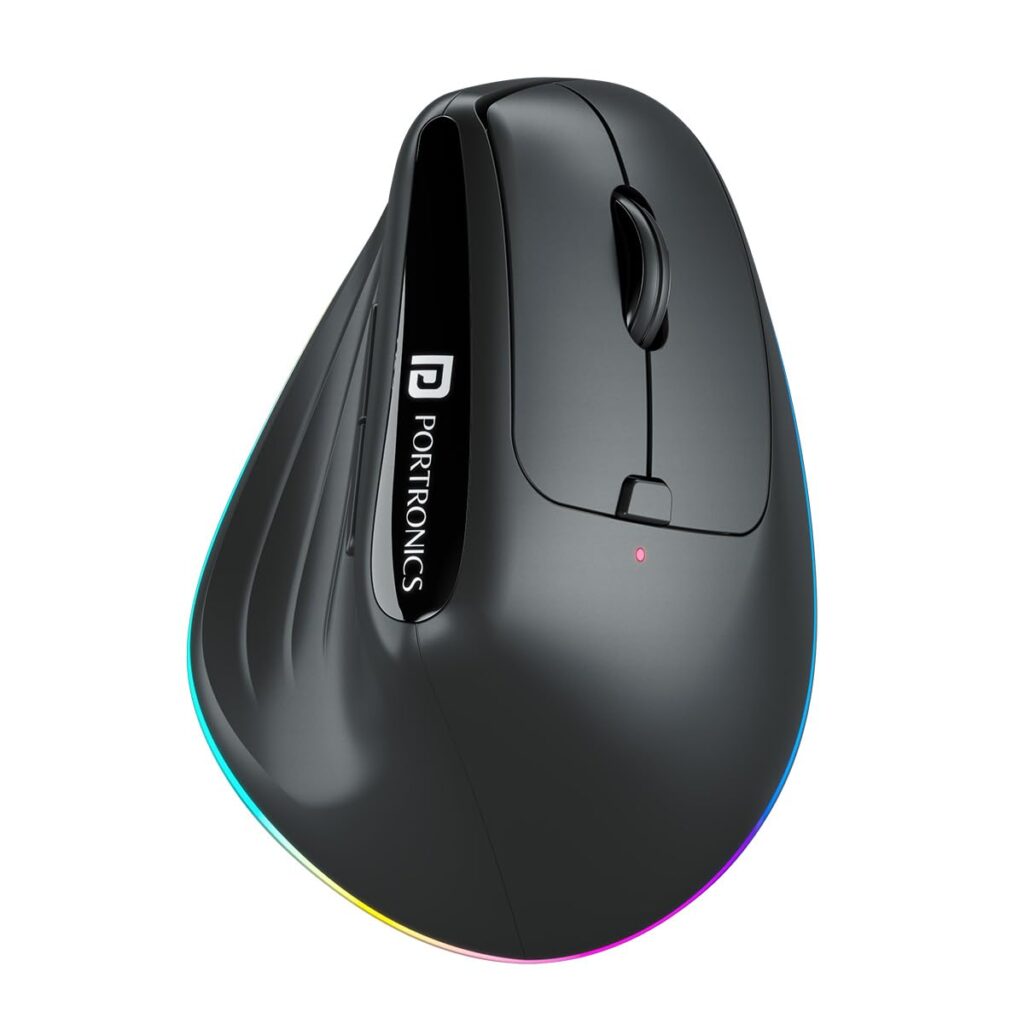 Portronics Toad Ergo 3 Ergonomic Wireless Mouse with RGB, 2400 DPI, Dual Mode BT & 2.4GHz Connectivity, Rechargeable Battery, 6 Buttons, Adjustable DPI, Silent Clicks (Black)