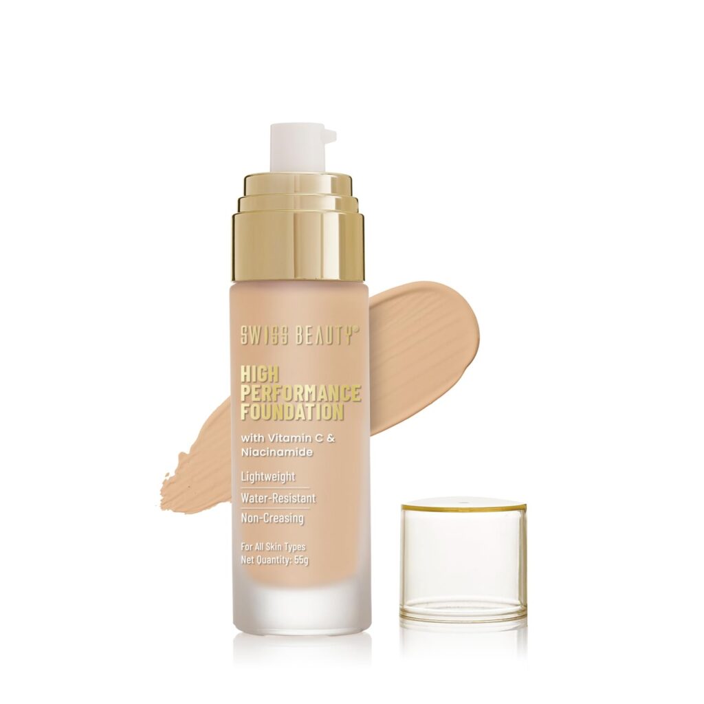 Swiss Beauty High Performance Foundation | Water-Resistant | Medium To Buildable Coverage Liquid Dewy Finish | Lightweight | Easy To Blend | With Vitamin C & Niacinamide | 04 Natural Nude, 55G