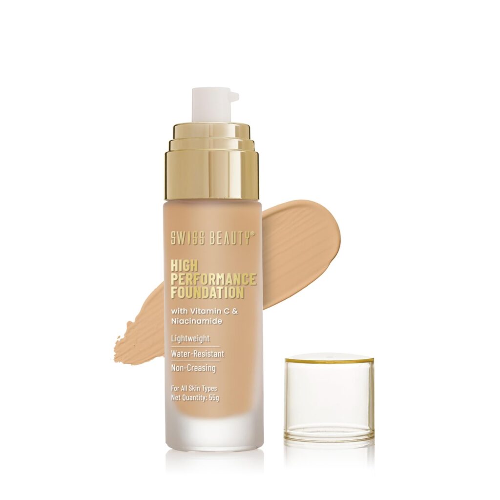 Swiss Beauty High Performance Foundation | Water-Resistant | Medium To Buildable Coverage Liquid Dewy Finish | Lightweight | Easy To Blend | With Vitamin C & Niacinamide | 07 Natural Buff, 55G