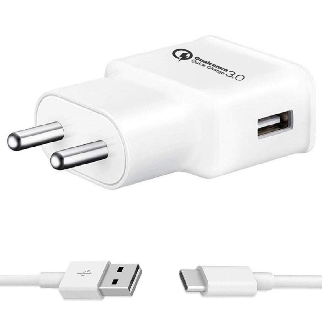 Ultra Fast Type-C Charger for Sam-Sung Galaxy M12 Original Wall Mobile Charger Qualcomm QC 3.0 Quick Rapid VOOC AFC Charger with 1m Type C USB Data Cable (White, VT.L2, SMG)