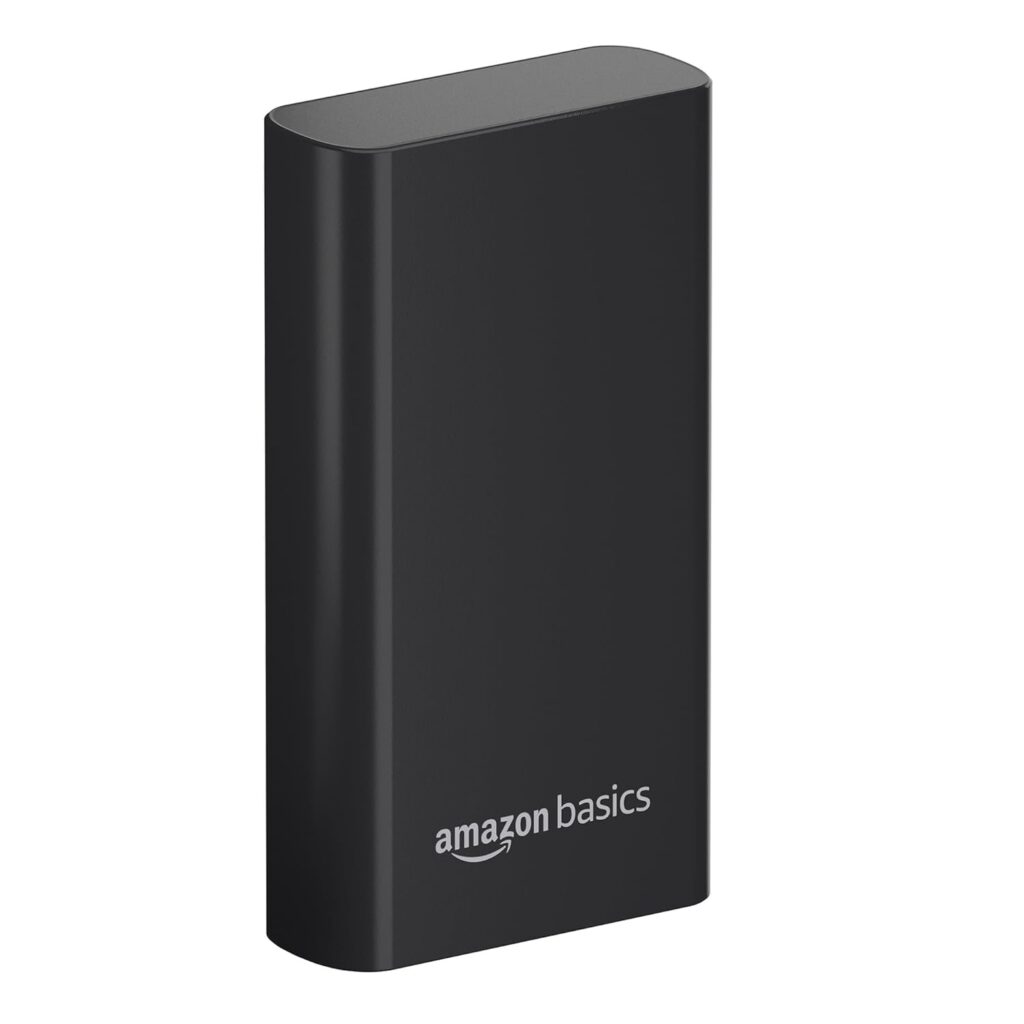 amazon basics 20000 Mah 22.5W Fast Charging Power Bank with Cable | Mixed Output Ports (USB-A + Type-C) | Dual Input Ports | Lithium Polymer Power Bank | Compact Metal Body (Black)