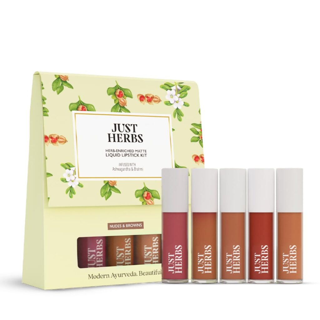 Just Herbs Herb Enriched Matte Liquid Lipstick | Set of 5 | Liquid Lipstick for Women | Nudes & Browns Shade | Hydrating & Lightweight | Ashwagandha & Brahmi - 1ml x 5u