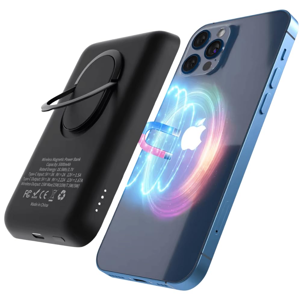 GT 5000mAh Slim for MagSafe Wireless Power Bank | 15W Fast Charging | Strong Magnetic Hold 20W Wired Charging | Compatible with iPhone 16, 15, 14, 13, 12 Series (USB-C,Black)