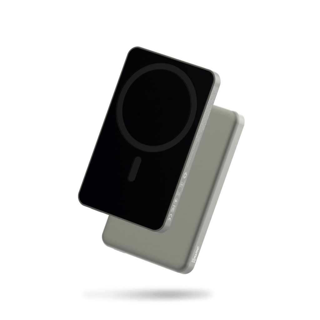 Muvtech Ultra Slim 5000mAh Aluminium Body Powerbank 15W Wireless Magnetic Hold Fast Charging Power Bank, Pocket Size Flight Friendly 20W Wired Output Compatible for iPhone & Qi Enabled Devices