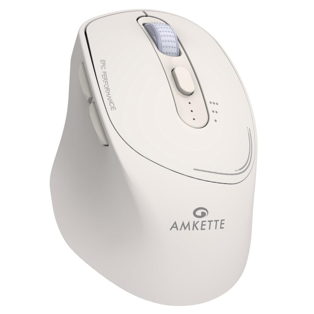 Amkette Hush Pro Epic Rechargeable Wireless Mouse/Bluetooth Mouse | 3 Device Connectivity with Bluetooth and USB 2.4 GHz | 2400 DPI | Silent Switches | Ergonomic Design | Type C Charging | White