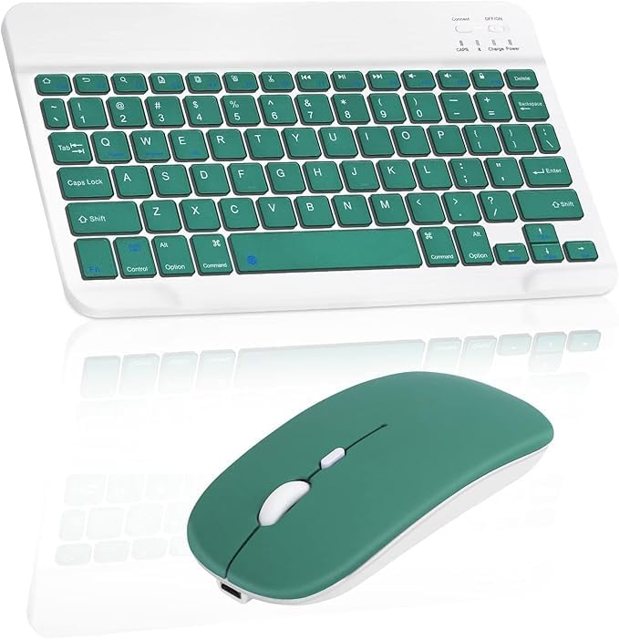 Astrill Wireless Keyboard and Mouse, Rechargeable 10 Ultra Slim Universal Tablet Keyboard with Wireless Mouse, Bluetooth for iOS/Android/Windows, Laptops, PC, Phones (Green, with LED Light)
