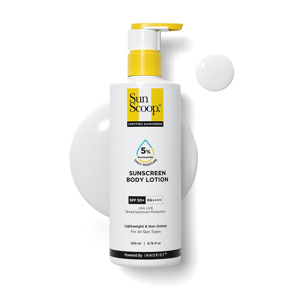 SunScoop 5% Niacinamide Daily Moisture Sunscreen Body Lotion SPF 50+ PA++++ | 24-Hours Moisturization | Prevents Tan & Sunburn | Reduces Pigmentation | Lightweight & Non-sticky | Leaves No White Cast | For All Skin Types | Body Sunscreen for Summer | 200 ml