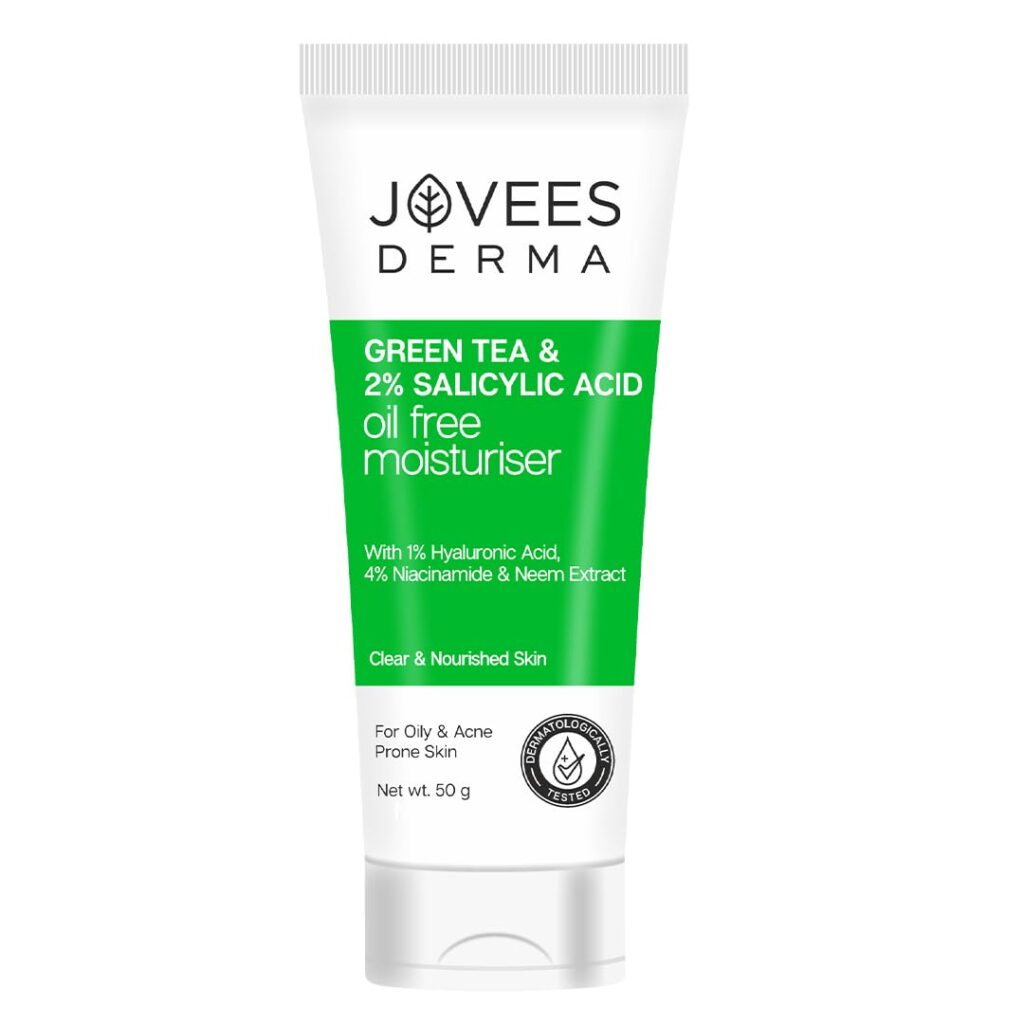 Jovees Derma Green Tea Light Moisturizer | With 1% Hyaluronic & 4% Niacinamide | Fights Pimples & Hydrates | Fades Dark Spots & Brightens Skin | Non-Sticky Moisturizer | Oily & Acne Prone Skin 50g