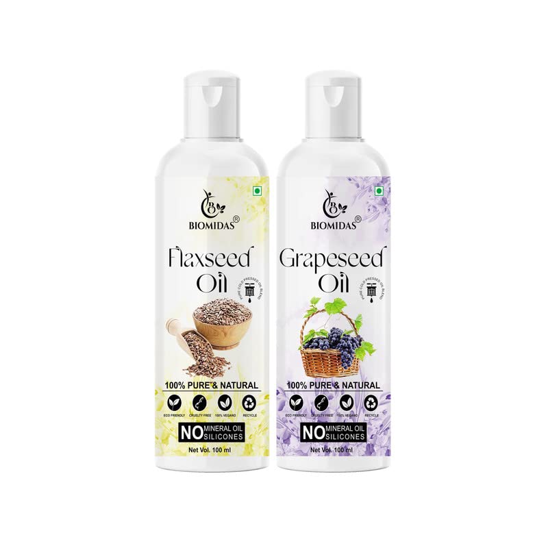 Biomidas 100% Pure Flaxseed 100ML & Grapeseed 100ML Combo For Rapid Hair Growth, Anti Hair Fall, Split Ends & Promotes Softer & Shinier Hair Oil(Pack of 2)