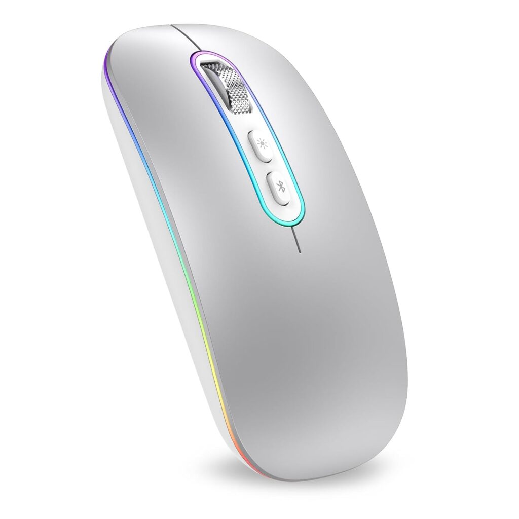 cimetech Dual Mode (BT 5.1+2.4G) Wireless Mouse with LED Lights, Silent Portable Lightweight Rechargeable Mouse for Laptop, Compatible with Mac OS/Windows/Chrome OS - Silver