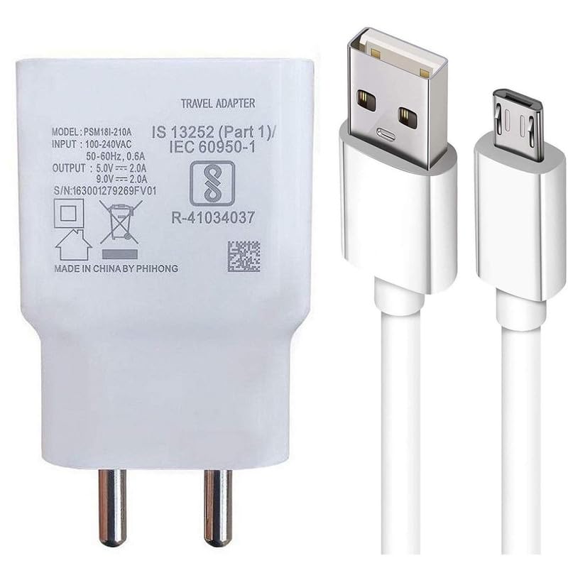 Fast Charger for Samsung Galaxy A10 Original Adapter Super Flash Vooc Fast Quick Qualcomm Charging Smart IC Technology with 1m Micro USB Data Cable (White, VO, SE.N2)