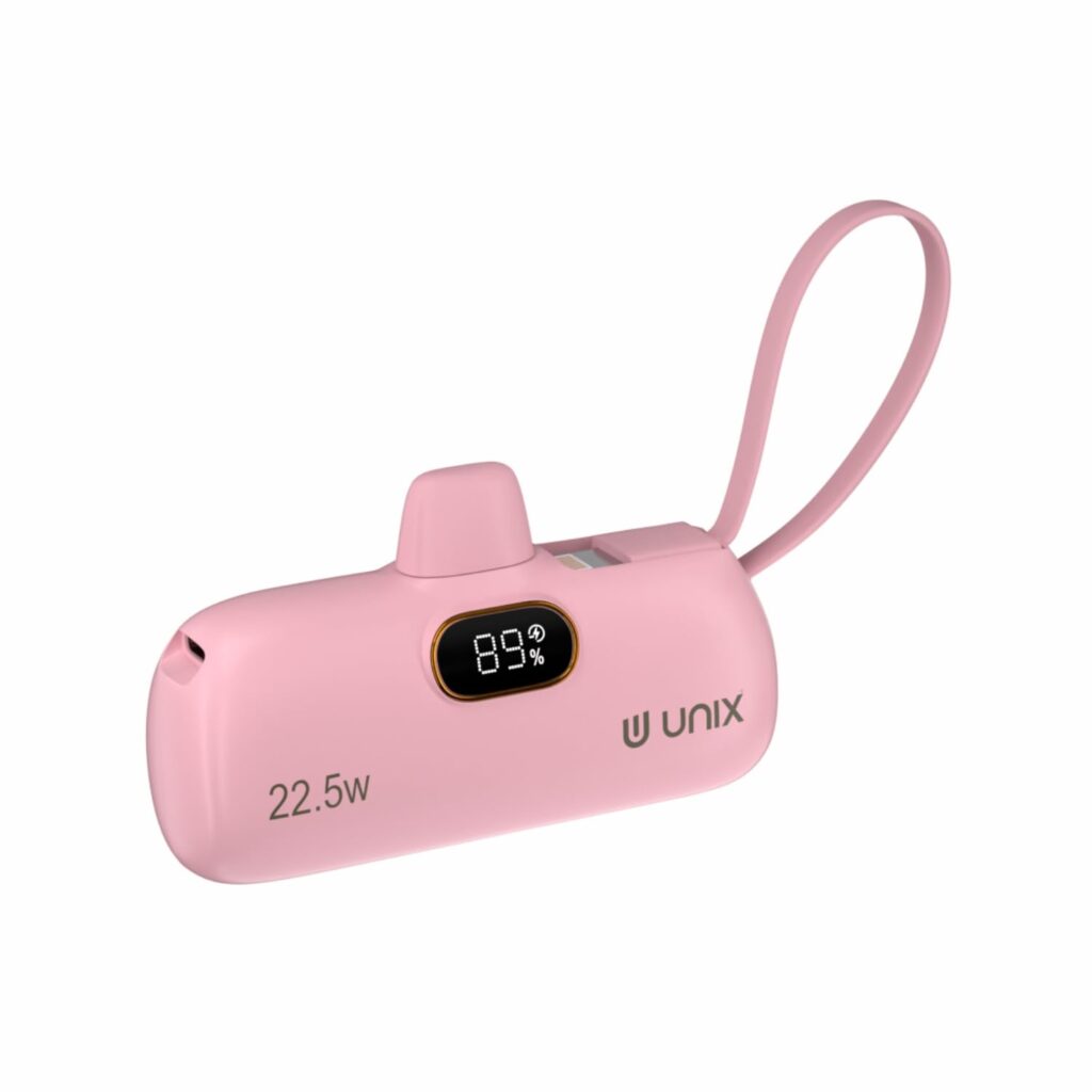 UNIX UX-1538 Slim 5000mAh Power Bank | 22.5W Fast Charging | Built-in Lightning & Type-C Cables | Digital Display | Ultra-Compact Mini Capsule Design | BIS Certified (Pink)