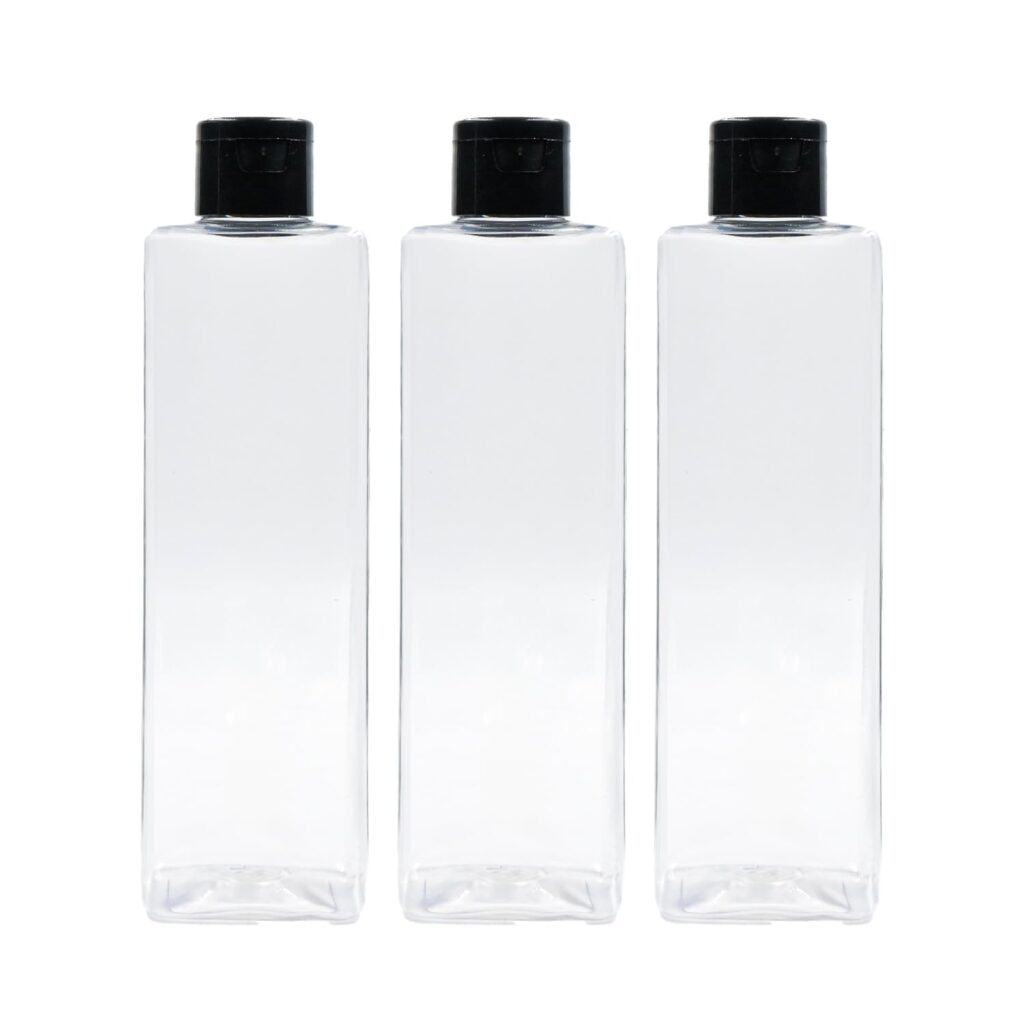 Happy Packaging 200ml Clear Empty PET/Plastic Square Bottles With Black Flip Top Cap and For Hair Oil,Massage Oil, Lotions, Shampoo | Refillable | Reusable-Pack of 3