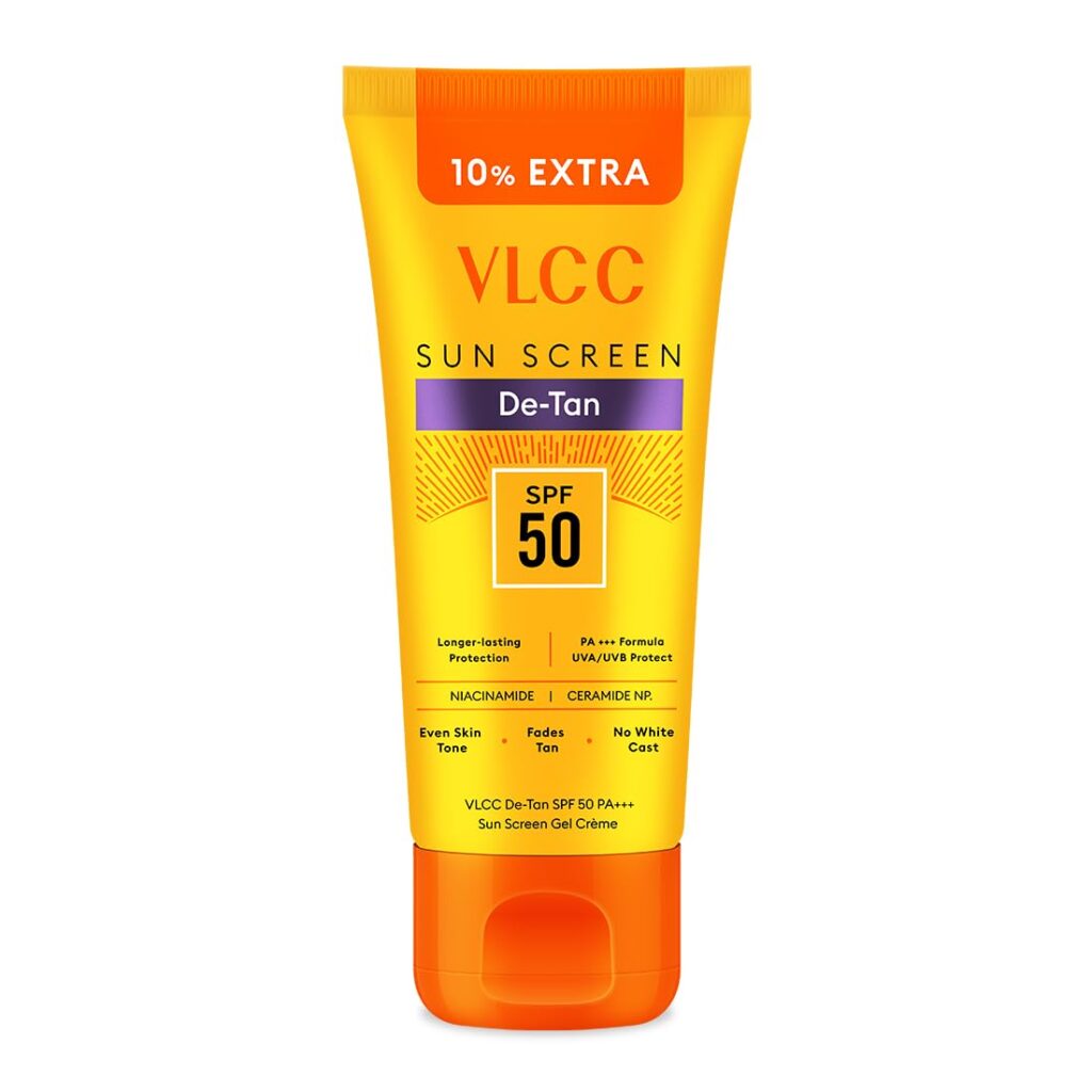 VLCC De-Tan SPF 50 PA+++ Sunscreen Gel Crème- 100g with 10g extra - Detans, Enhances Glow, Protects from UVA, UVB Rays, Help Reduce Dark Patches.