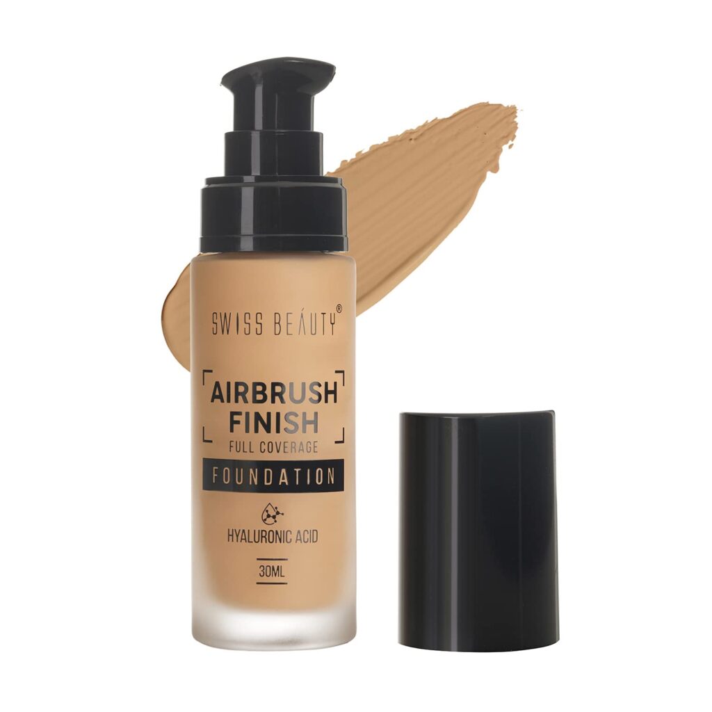 Swiss Beauty Airbrush Finish Full Coverage Foundation | Full Coverage Up To 8 Hours | Waterproof & Lightweight | Natural Matte Finish | Long-Lasting Wear | Enriched with Hyaluronic Acid | For All Skin Types | Dermatologically Tested | Shade- 04 Golden Beige, 30ml