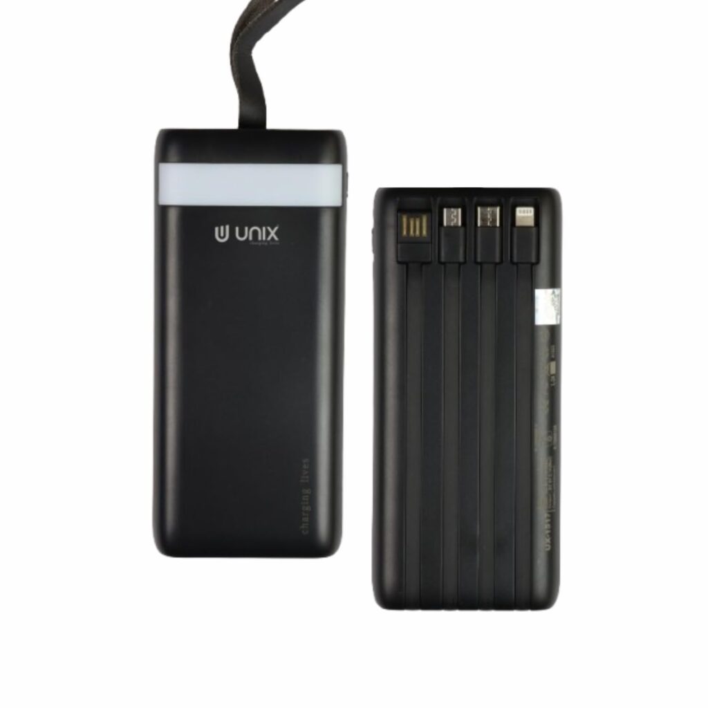 Unix UX-1517 20000mAh Power Bank with 4-in-1 Built-in Cables, LED Light & Digital Display | Fast Charging 10W Li-Polymer Battery |All Android & iOS Devices - No Need to Carry USB Cables - Black