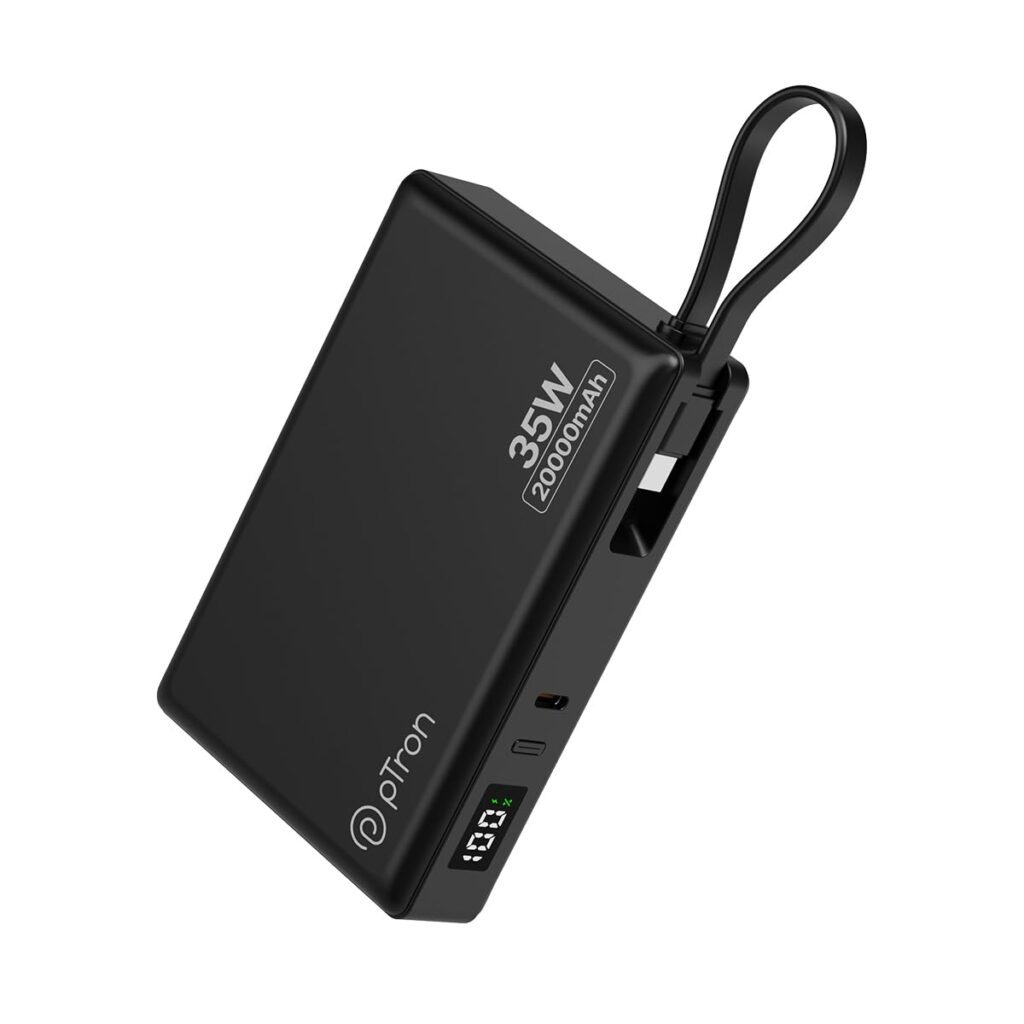 pTron Dynamo Sprint 20000mAh 35W Super Fast Charging, USB Type-C Input Power Bank Compatible with QC3.0/PD3.0, Built-in Charging Cable, 3 Charging Outputs, Type-C Input/Output Port (Black)
