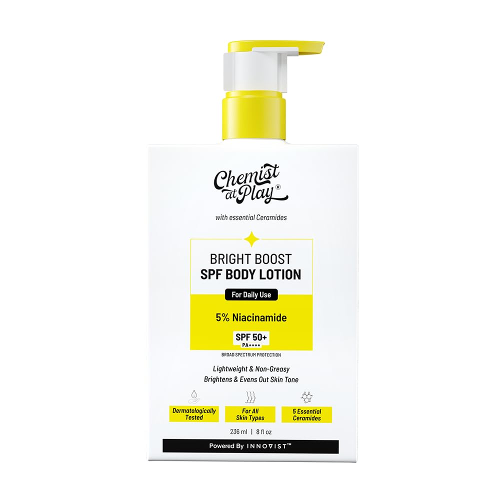 Chemist At Play Bright Boost SPF Body Lotion | With 5% Niacinamide & SPF 50+ PA++++ | 24 hours moisturization | Lightweight & Non-Greasy Formula | 236ml