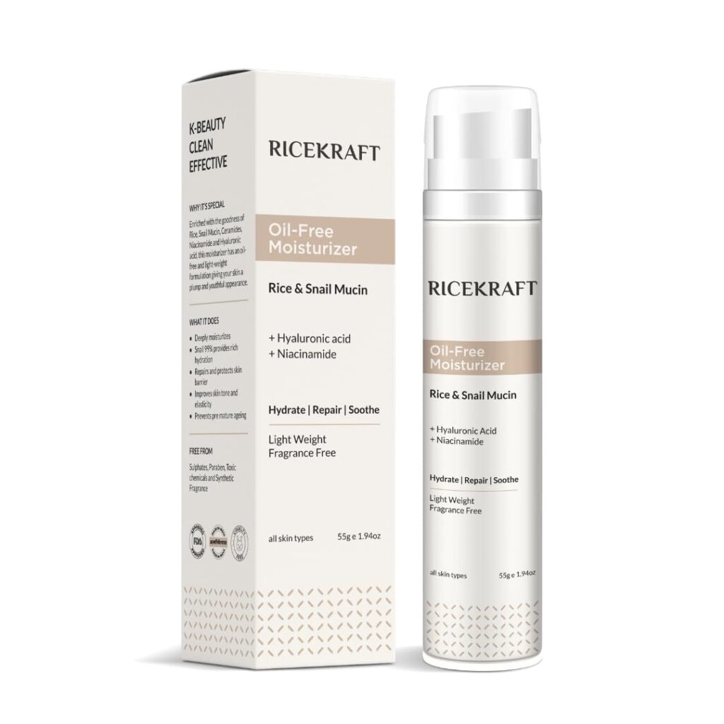Ricekraft Oil Free Moisturizer With Rice, Snail Mucin 99, Hyaluronic Acid & Niacinamide|Light Weight Korean Face Moisturizer|Fragrance Free|For Oily, Dry, Combination Skin|For Men & Women|55G