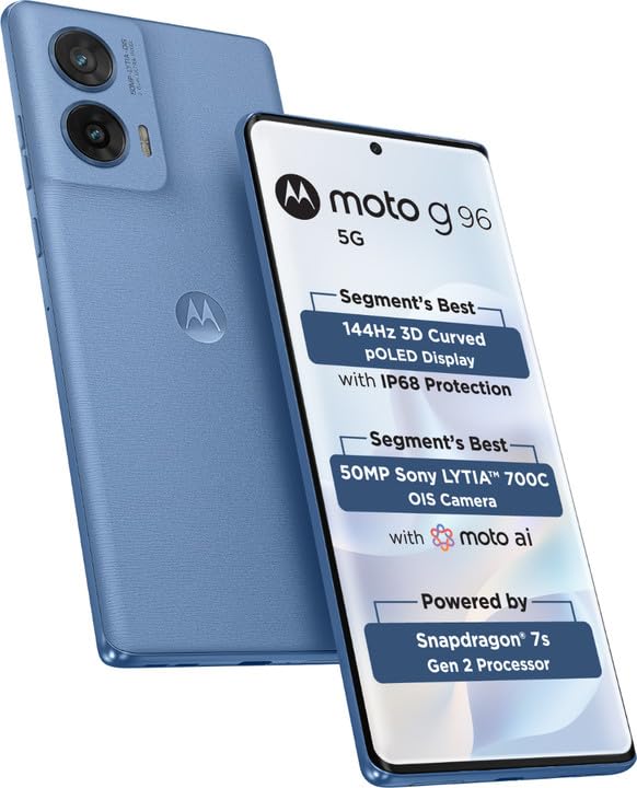 Moto G96 5G AI Smartphone (Ashleigh Blue, 8GB RAM+ 256GB Storage) | Snapdragon 7s Gen 2 Processor | Curved pOLED Display | Dual SIM | 5500 mAh Battery