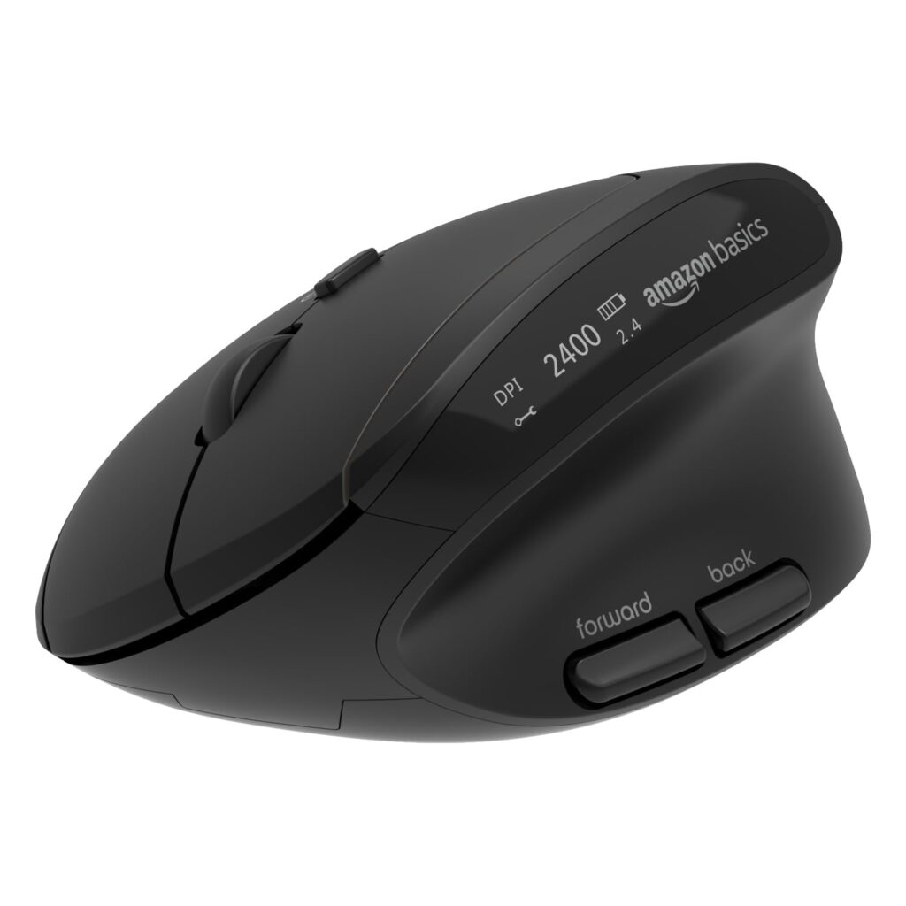 amazon basics Pro Series 800 mAh 2.4 GHz Ergonomic Wireless Mouse for PC, Mac, Laptop | Dual 5.0 Bluetooth Mode | 4 Adjustable DPI Settings Up to 2400 | Shortcut Buttons | Multi Device Usage (Black)